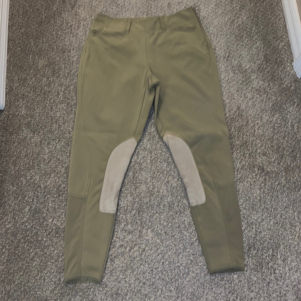 Ariat Olive Green Riding Breeches with Beige Knee Patches